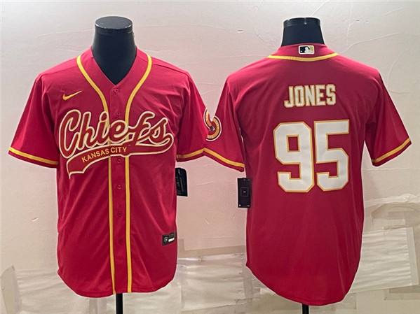 Men's Kansas City Chiefs #95 Chris Jones Red With Patch Cool Base Stitched Baseball Jersey - Click Image to Close